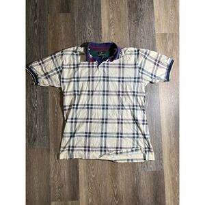 Vintage Duck Head Tour Mens Large Plaid Polo Shirt Cream Blu Cotton Short Sleeve